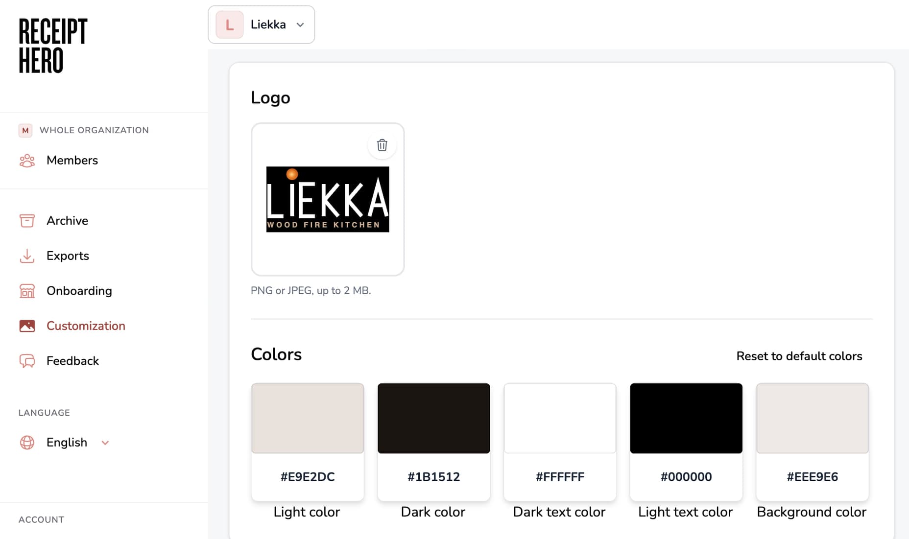 The ReceiptHero merchant portal, editing Liekka branding